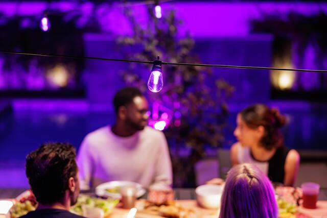 Purple cafe lights above patio dinner party
