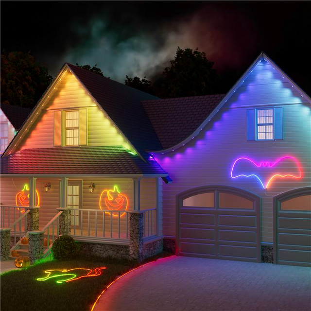 Front of house with eave lights and halloween shape lights