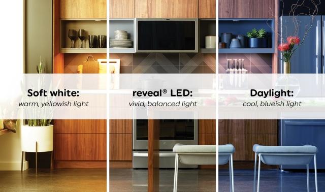 reveal comparison kitchen image with soft white and daylight