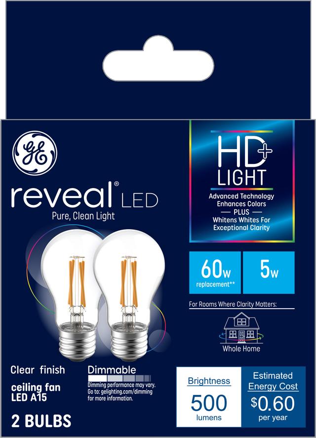 GE Reveal HD+ LED 60 Watt Replacement, Reveal, A15 Ceiling Fan Bulbs (2