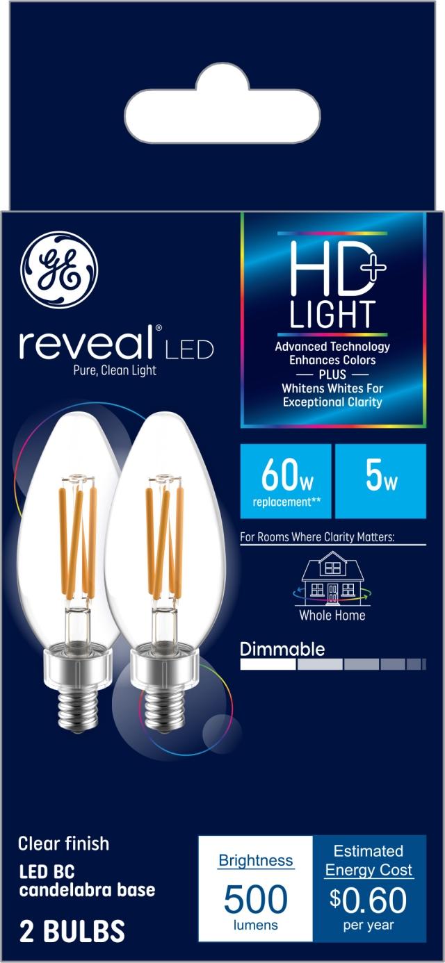 GE Reveal HD+ Color-Enhancing 60W Replacement LED Chandelier Bulbs, Clear, Blunt Tip, Candelabra Base LED Light E12 Bulb, BC