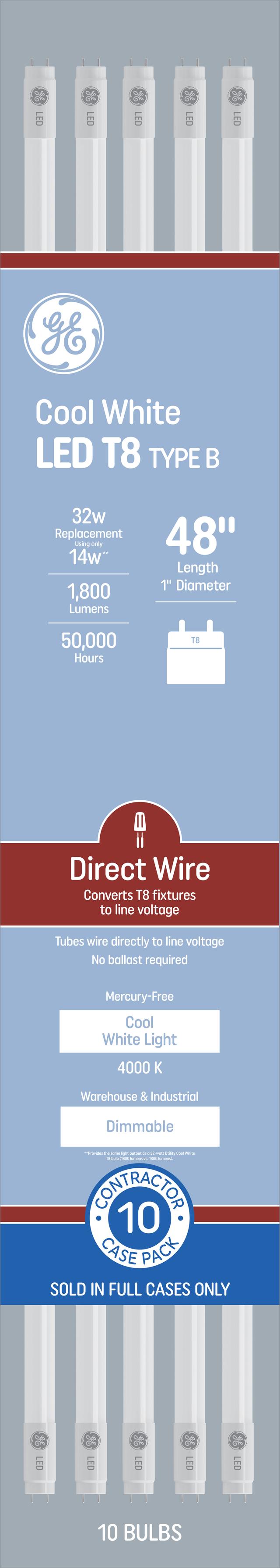 GE LED Direct Wire Cool White 14 Watt 47.78 Inches T8 G13 Base LED Tube