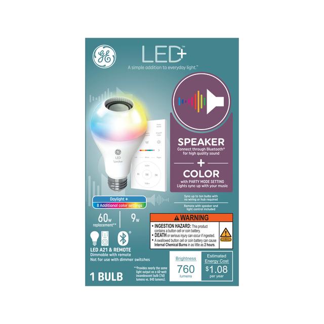 GE LED+ Bluetooth Speaker A21 LED Light Bulb, Color Changing Light Bulb with Speaker and Remote