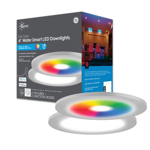 Paquet avant de Cync Full Color 6-Inch Smart LED (2 Downlights LED Fixtures), Bluetooth / Wifi activé, fonctionne avec Alexa, Google Assistant sans hub
