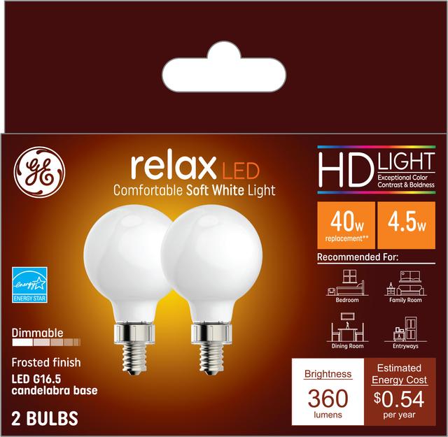 Front package of GE Relax HD Soft White 40W Replacement LED Light Bulbs Decorative Globe White Candelabra Base G16 (2-Pack)
