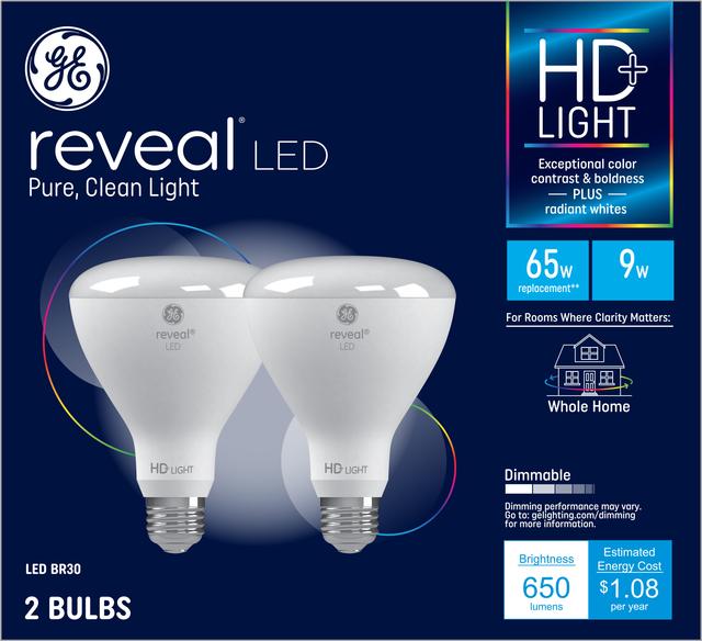 Front package of GE Reveal HD+ Color-Enhancing 65W Replacement LED Light Bulbs Indoor Floodlight BR30 (2-Pack)