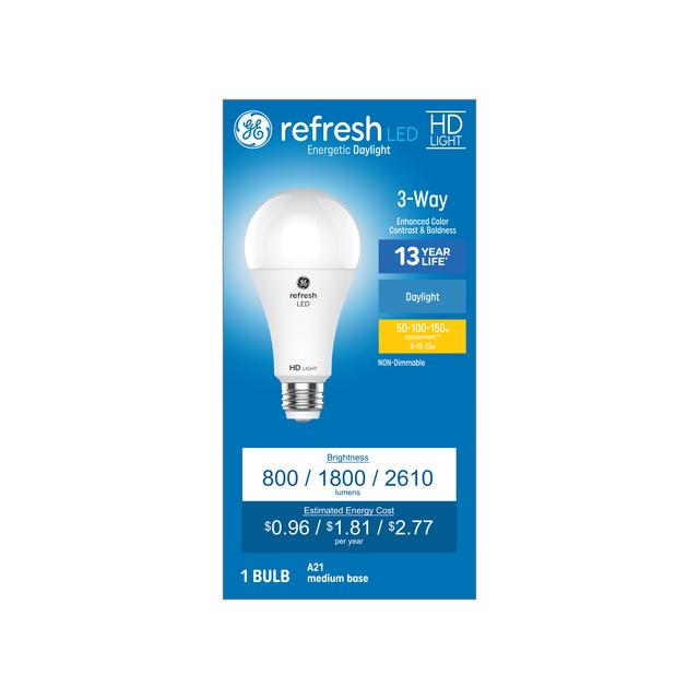 Front package of GE Refresh HD Daylight 150W Replacement LED Light Bulbs General Purpose A21