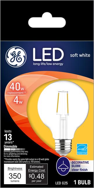 Front package of GE Soft White 60W Replacement LED Light Bulbs Decorative Clear Globe Candelabra Base GC  (2-Pack)