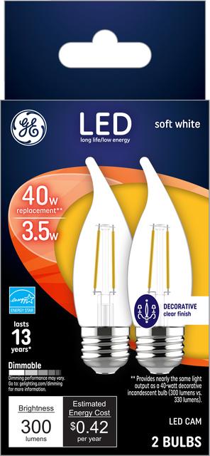 Front package of GE Soft White 40W Replacement LED Decorative Clear Bent Tip Candelabra Base CAC Bulb (2-Pack)