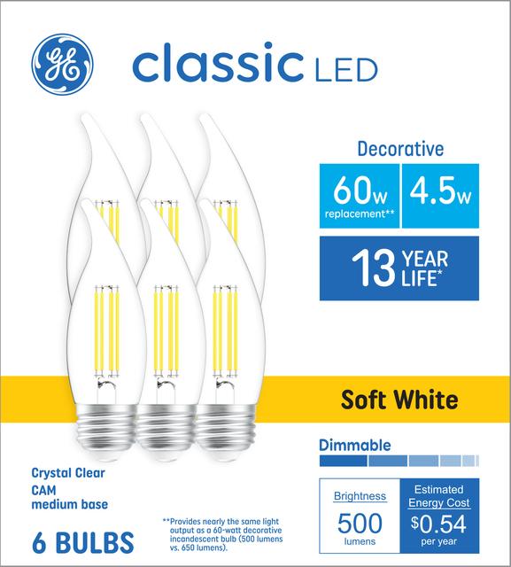 Front package of GE 60W Classic Soft White LED CAM Medium Base 6-Pack