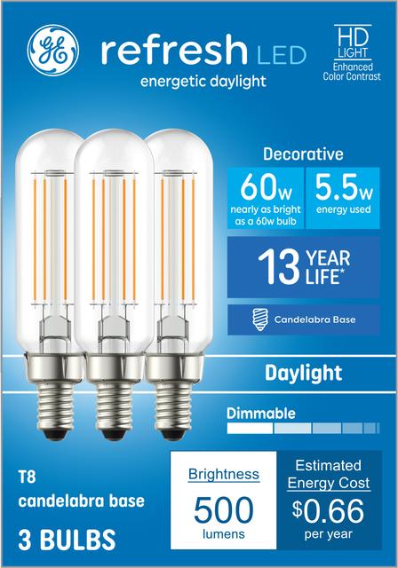 Front package of GE Refresh HD Daylight 60W Replacement LED T8 Decorative Light Bulbs (3-Pack)
