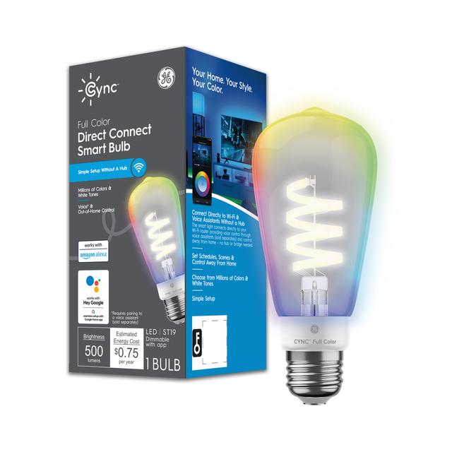 Front package of Cync Full Color Direct Connect Smart Bulb (1 LED ST19 Bulb), 60W Replacement, Bluetooth/Wifi Enabled, Works With Alexa, Google Assistant Without Hub