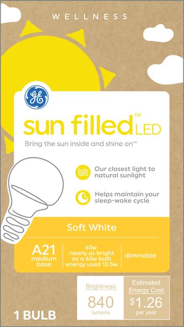 Front package of GE sun filled Soft White 60W Replacement LED A21 Light Bulb (1-Pack)