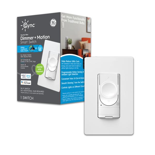 Front package of GE C by GE Dimmer Smart Switch, Neutral Wire Required, Dimmer + Motion Sensor Switch with Bluetooth and 2.4 GHz WiFi, Alexa and Google Compatible without a Hub (Packaging May Vary)