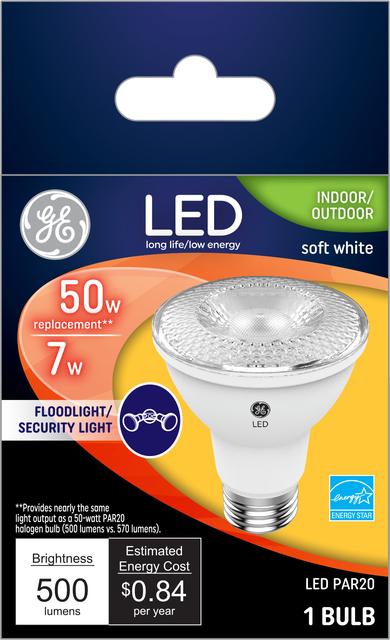 Front package of GE Soft White 50W Replacement LED Light Bulb Outdoor Floodlight PAR20 (1-Pack)