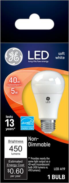 Front package of GE 40W Replacement Soft White LED Light Bulb General Purpose A19 (1-Pack)