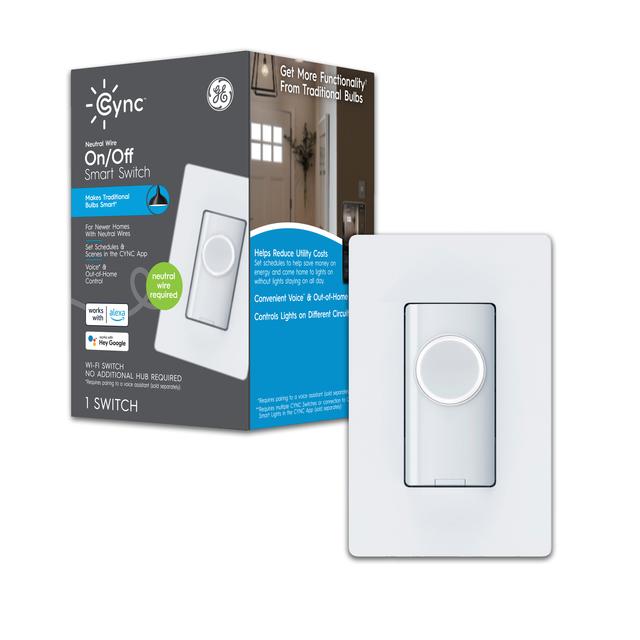 Front package of GE C by GE Smart Switch, Neutral Wire Required, On-Off Button Style with Bluetooth and 2.4 GHz WiFi, Alexa and Google Home Compatible without a Hub (Packaging May Vary)