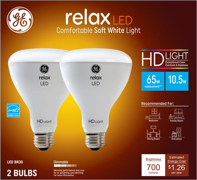Front package of GE Relax HD Soft White 65W Replacement LED Indoor Floodlight BR30 Light Bulbs (2-Pack)