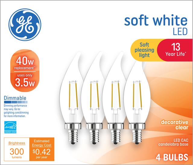 Front package of GE Soft White 40W Replacement LED Decorative Clear Bent Tip Candelabra Base CAC Light Bulbs