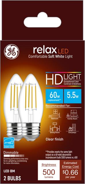 GE Relax HD 60W Replacement LED Light Decorative Clear Blunt Tip Medium Base BM (2-Pack)