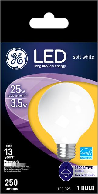 Front package of GE Soft White LED 60W Replacement Frosted Decoratived Globe Medium Base G25 Light Bulb (1-Pack)