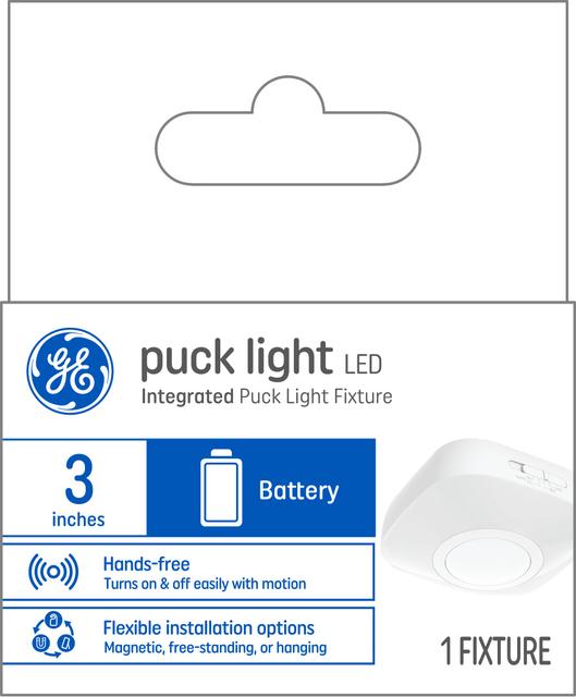 Front package of GE Battery Powered Motion Sensor Puck LED Cool White 3in Fixture