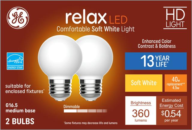 Front package of GE Relax HD Soft White 40W Replacement LED Light Bulbs Decorative Globe White Medium Base G16.5
