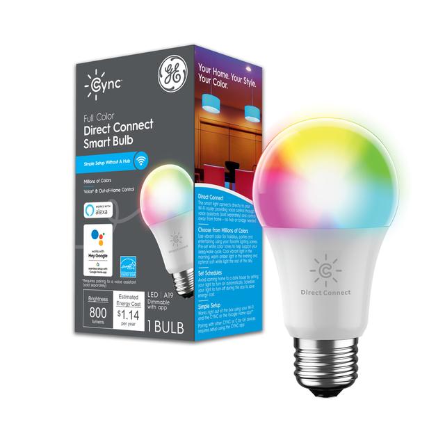 Front package of GE CYNC Direct Connect Smart Bulb,  Full Color A19 LED Smart Light Bulb with Wireless Control, 60W Replacement, Alexa and Google Home Compatible, No Hub Required, 1-Pack (Packaging May Vary)