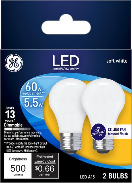 Front package of GE Soft White 60W Replacement LED Light Bulbs White Ceiling Fan Medium Base A15  (2-Pack)