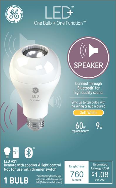 Front package of GE Lighting LED+ Speaker Bulb, Bluetooth Enabled, Built-In Speaker, Indoor A21 LED Light Bulb, With Remote, No Hub Required, 60W, Soft White (1-Pack)