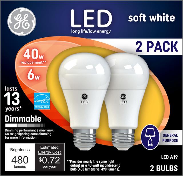 R advocaat over GE 40W Replacement Soft White Dimmable LED Light Bulb General Purpose A19  (2-Pack)