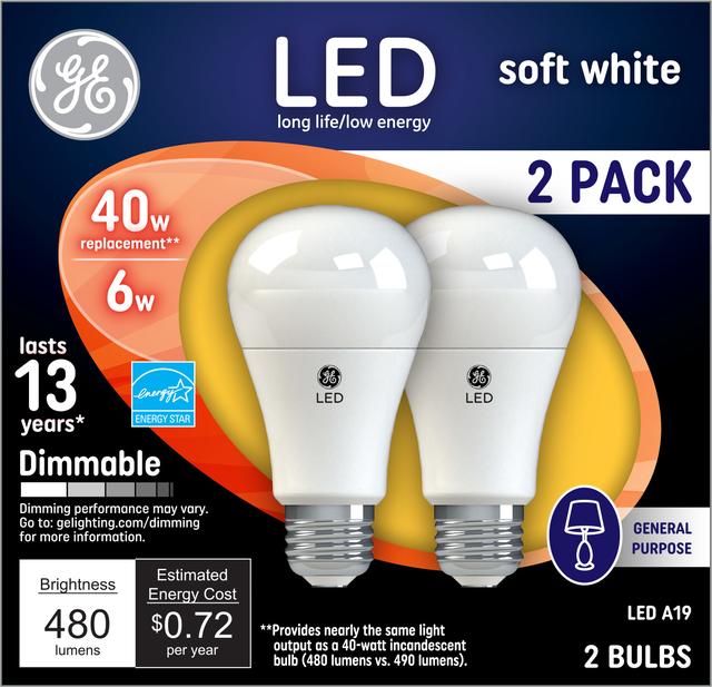 Prematuur tint semester GE 40W Replacement Soft White Dimmable LED Light Bulb General Purpose A19  (2-Pack)