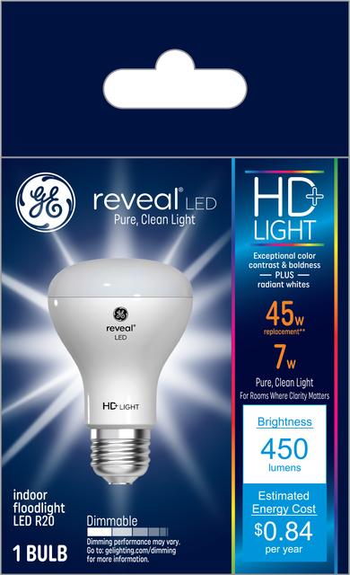 Front package of GE Reveal HD+ Color-Enhancing 45W Replacement LED Light Bulbs Indoor Floodlight R20 (1-Pack)