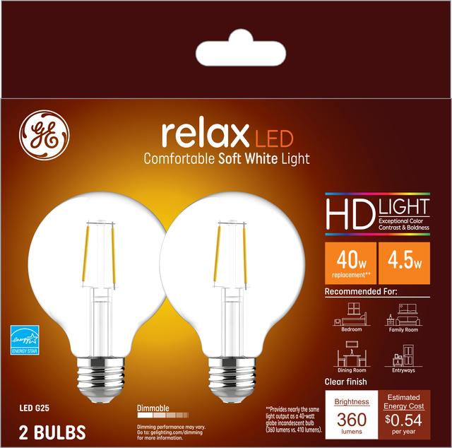 Front package of GE Relax HD Soft White 40W Replacement LED Light Bulbs Decorative Clear Globe Medium Base G25 (2-Pack)