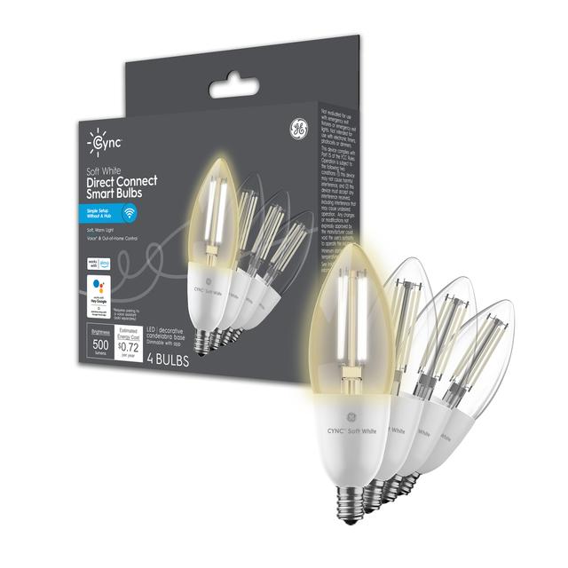 Front package of Cync Soft White Direct Connect Smart Bulbs (4 LED Decorative Candelabra Base Bulbs), 60W Replacement, Bluetooth/Wifi Enabled, Works With Alexa, Google Assistant Without Hub