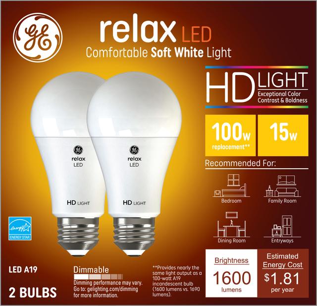 bros Nachtvlek donker GE Relax HD Soft White 100W Replacement LED General Purpose A19 Light Bulbs  (2-Pack)