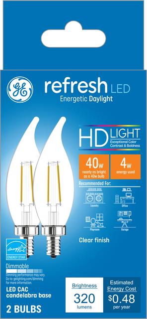 Front package of GE Refresh HD Daylight 40W Replacement LED Light Bulbs Decorative Clear Bent Tip Candelabra Base CAC  (2-Pack)