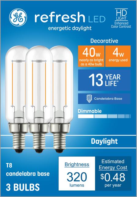 Front package of GE Refresh HD Daylight 40W Replacement LED T8 Decorative Light Bulbs (3-Pack)