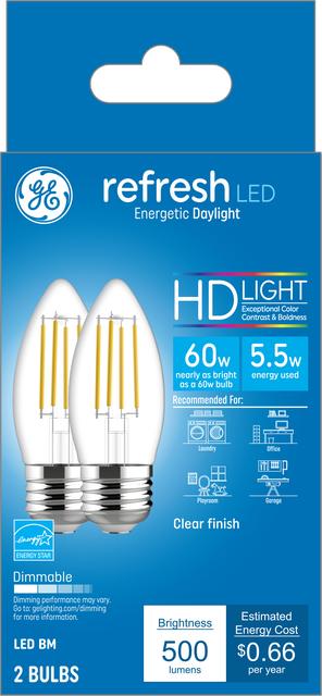Front package of GE Refresh HD Daylight  60W Replacement LED Light Bulbs Decorative Clear Blunt Tip Medium Base BM (2-Pack)
