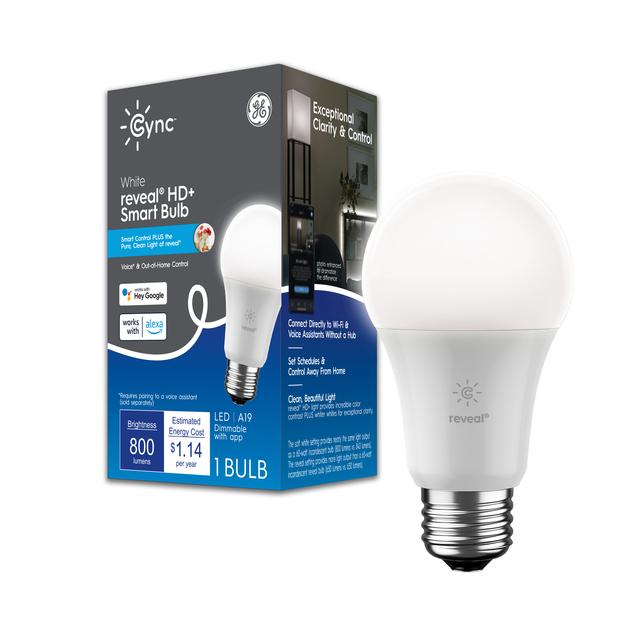 Front package of Cync White reveal® Smart Bulb (1 LED A19 Bulb), 60W Replacement, Bluetooth/Wifi Enabled, Works With Alexa, Google Assistant Without Hub