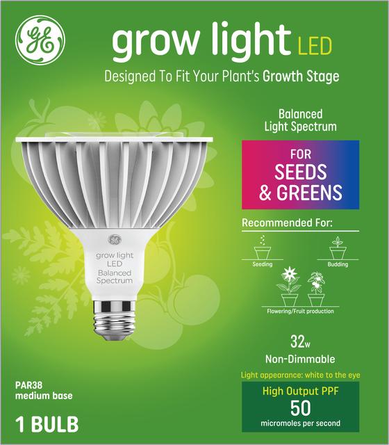 Front package of GE Grow Light LED 32W Balanced Light Spectrum PAR38 Light Bulb (1-Pack)