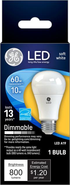 Front package of GE 60W Replacement Soft White Dimmable LED Light Bulb General Purpose A19 (1-Pack)