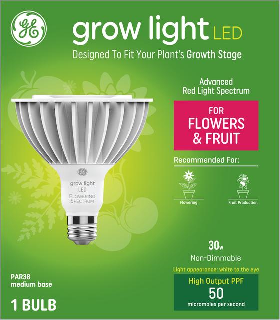 Front package of GE Grow Light LED 30W Advanced Red Light Spectrum PAR38 Light Bulb (1-Pack)