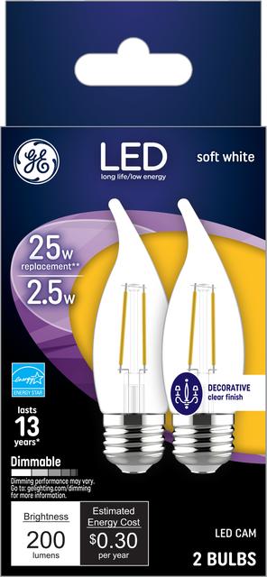 Front package of GE Soft White 25W Replacement LED Decorative Clear Bent Tip Candelabra Base CAC Bulb (2-Pack)