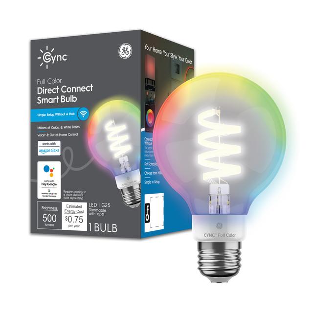 Front package of Cync Full Color Direct Connect Smart Bulb (1 LED G25 Bulb), 60W Replacement, Bluetooth/Wifi Enabled, Works With Alexa, Google Assistant Without Hub