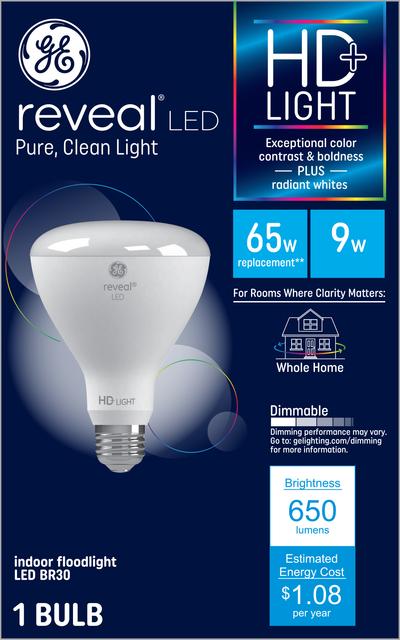 Front package of GE Reveal HD+ Color-Enhancing LED 65W Replacement Indoor Floodlight BR30 Light Bulb (1-Pack)