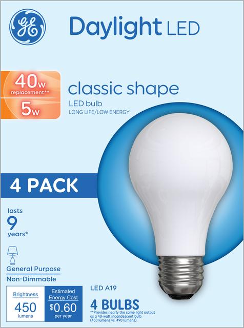 Front package of GE 40W Replacement Daylight LED Light Bulb General Purpose A19 (4-Pack)