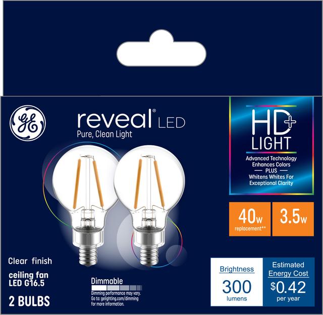 Front package of GE Reveal HD+ Color-Enhancing 40W Replacement LED Decorative Clear Globe Candelabra Base G16.5