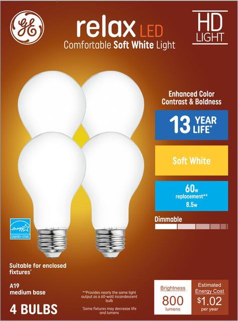 Front package of GE Relax HD Soft White 60W Replacement LED General Purpose A19 Light Bulbs (4-Pack)