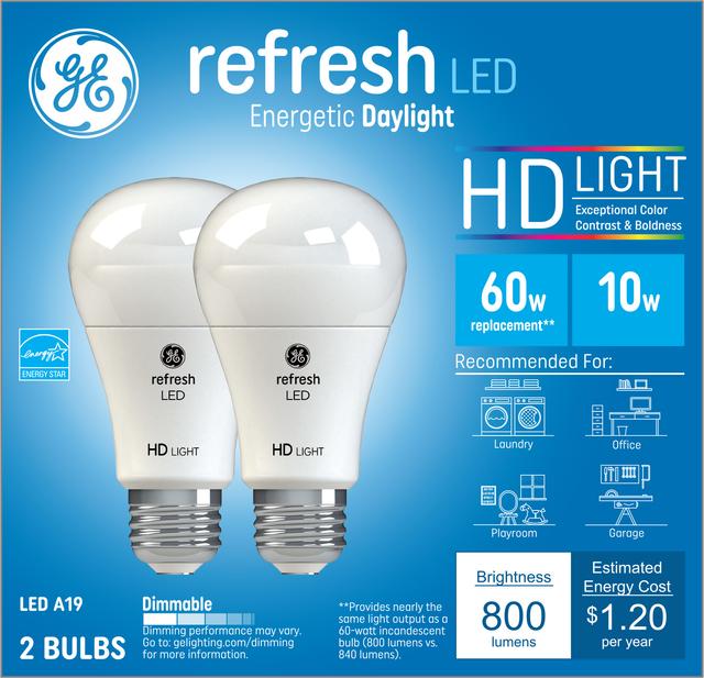 Front package of GE Daylight 60W Replacement LED General Purpose A19 Light Bulbs (2-Pack)